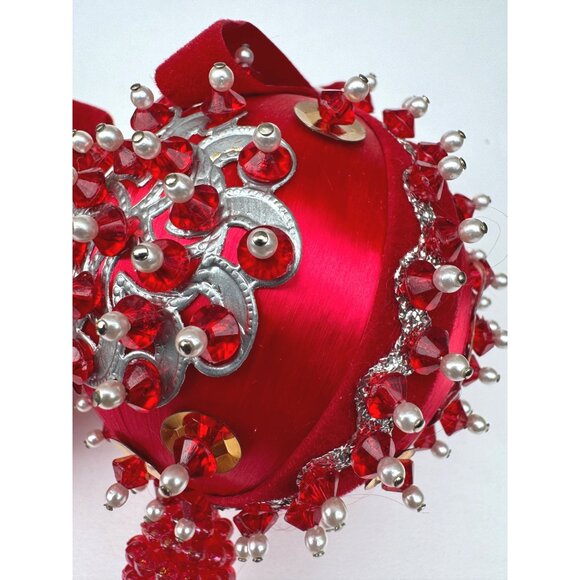 Vintage Red Satin Beaded Push Pin Christmas Ornament Handmade 2 Mid Century - Picture 11 of 12
